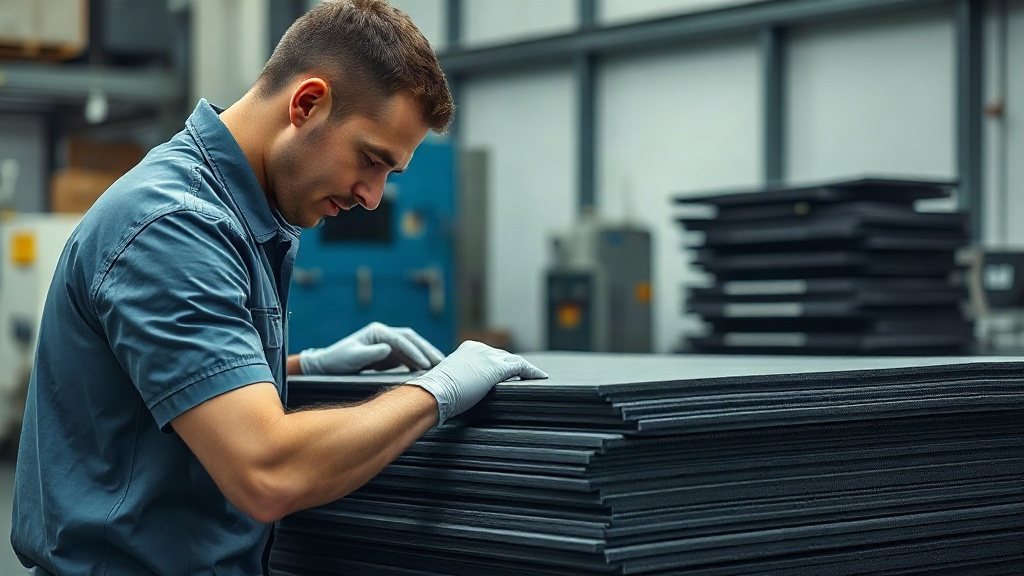 Technician inspecting carbon fiber prepreg sheets for aerospace component manufacturing