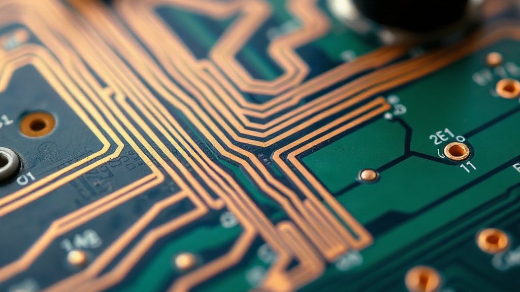 Close-up of PCB copper traces illustrating separated power and ground planes for electrical isolation.