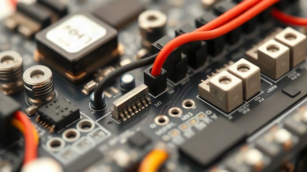 Close-up of flight controller outputs showing servo and ESC connectors