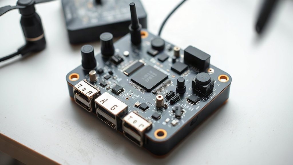 Close-up of a UAV flight controller board with visible sensors and connectors